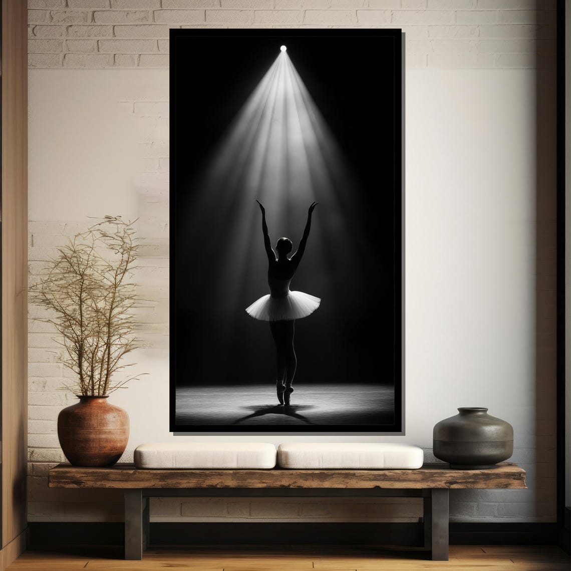 Ballerina Under a Single Spotlight in Black and White Poster - Image 4