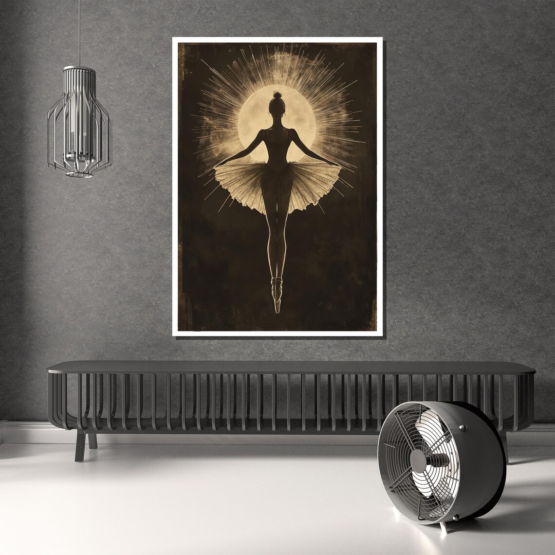 Moonlit Ballerina Silhouette Before a Radiant Golden Sunburst Poster - Image 2