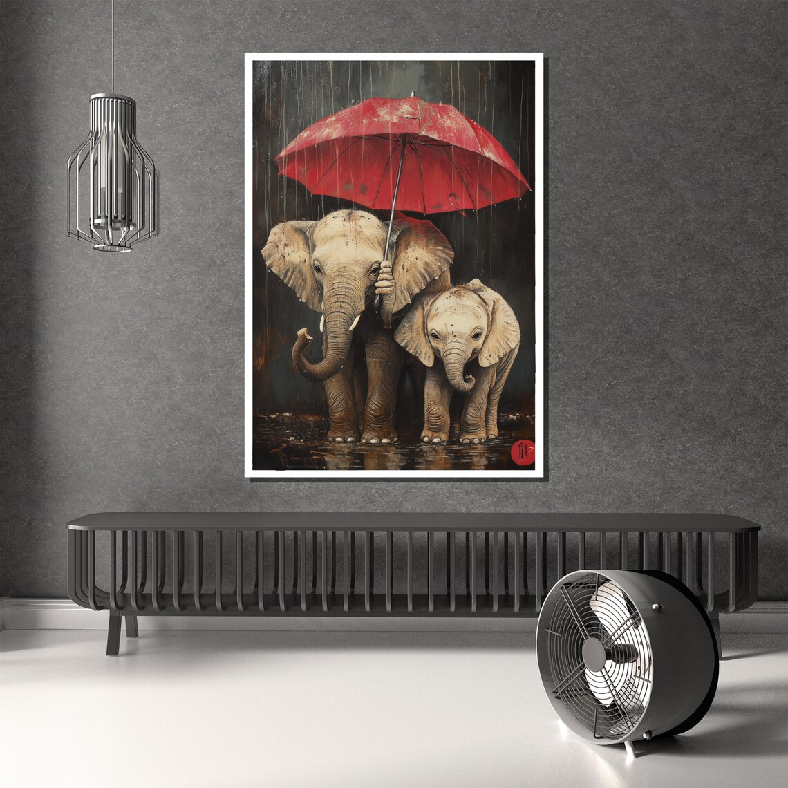 Elephant Mom And Baby Sharing Red Umbrella In Rain Cute Poster - Image 2