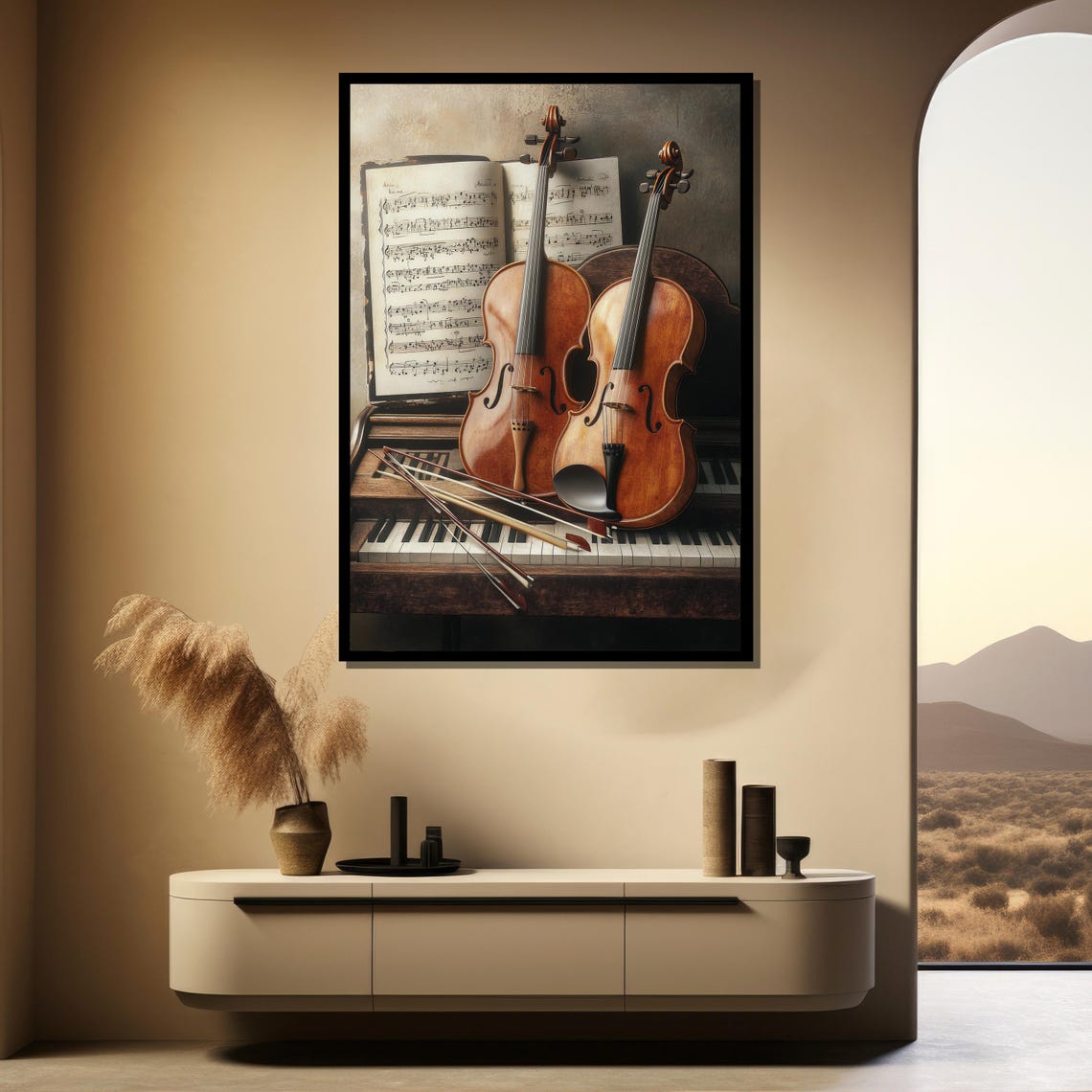 Two Violins Resting on Piano Keys Classical Still Life Art Poster - Image 4