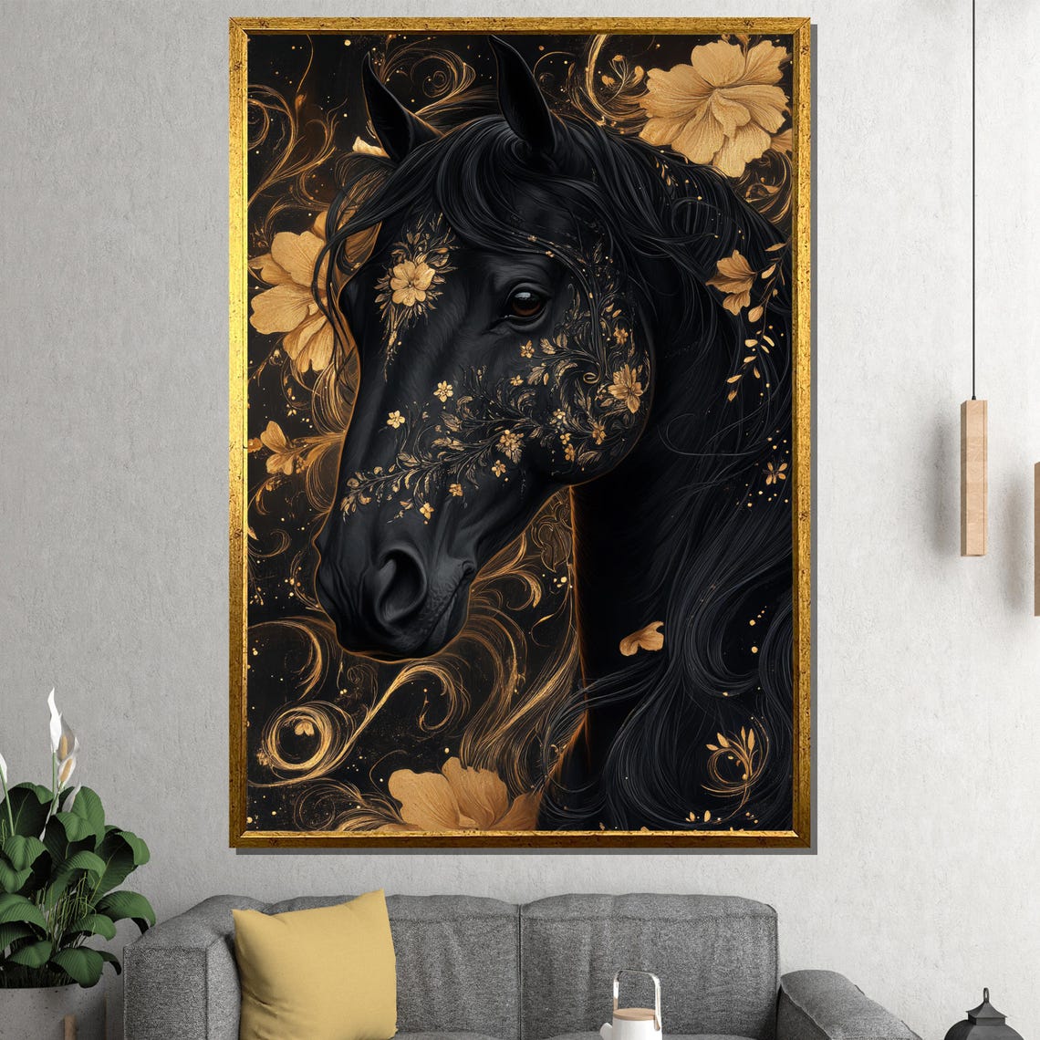 Black Horse Head Adorned With Gold Floral Ornaments Dark Poster