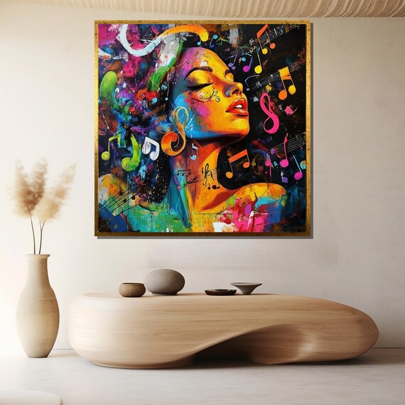 Colorful Music Inspired Portrait with Floating Notes Art Poster