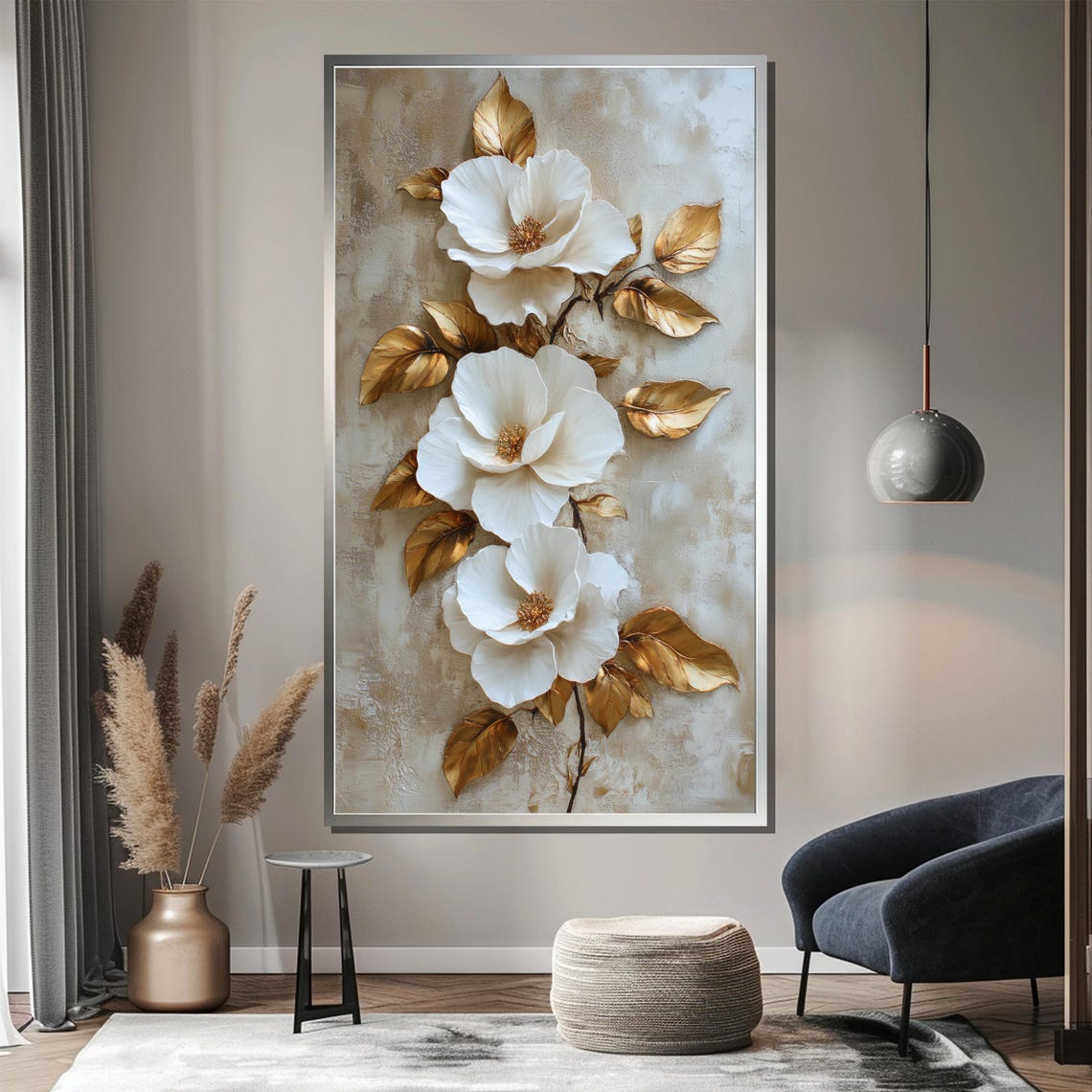 White Blossoms With Metallic Gold Leaves Embossed Floral Art Poster - Image 3