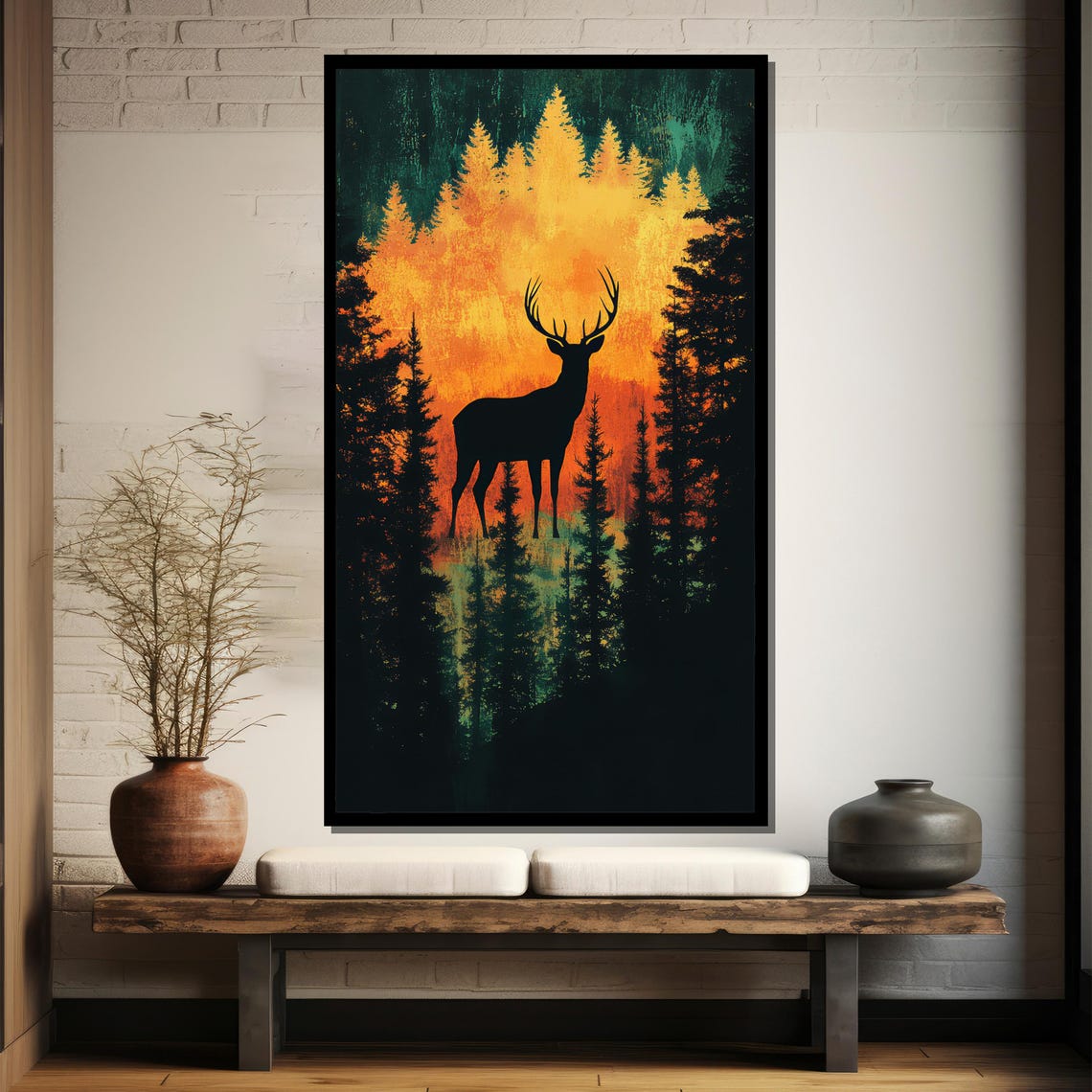 Deer Silhouette In Sunset Pine Forest Fiery Wildlife Art Poster - Image 4