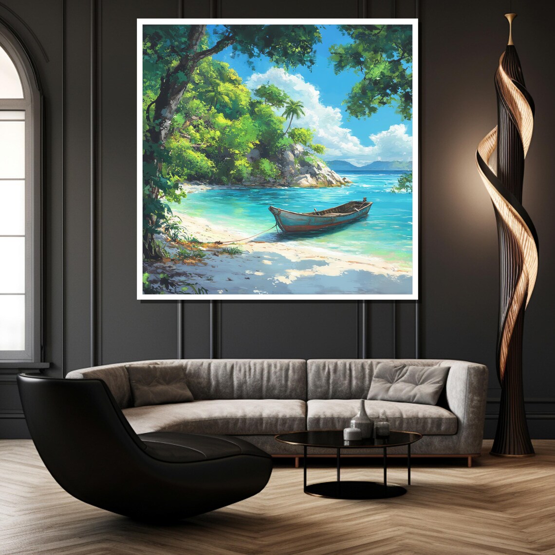Tropical Cove Wooden Boat Turquoise Lagoon Scene Island Poster - Image 2