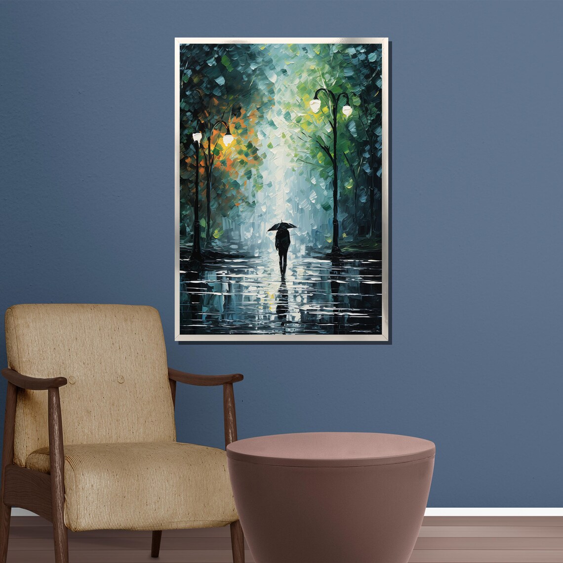 Solitary Umbrella Figure Walking A Rainy Teal Park Avenue Poster - Image 4