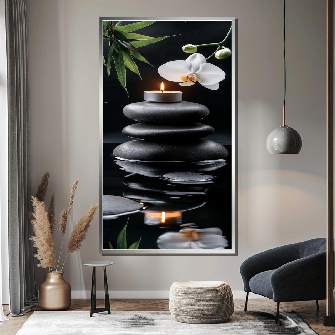 Black Zen Stones With Candle and White Orchid Calm Spa Poster - Image 3
