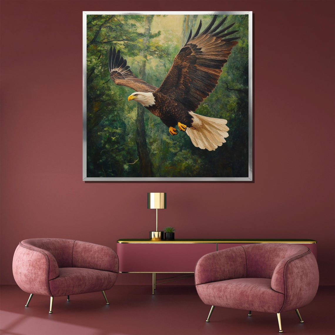 Majestic Bald Eagle Soaring Over Green Forest Wildlife Poster - Image 3