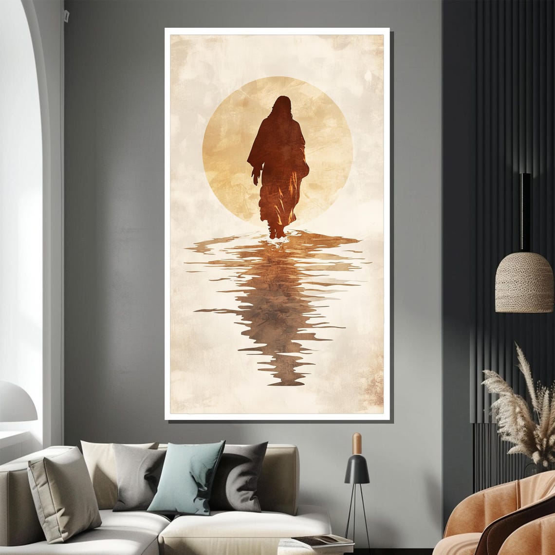 Minimalist Jesus Walking on Water Silhouette Sepia Sun Poster - Image 4