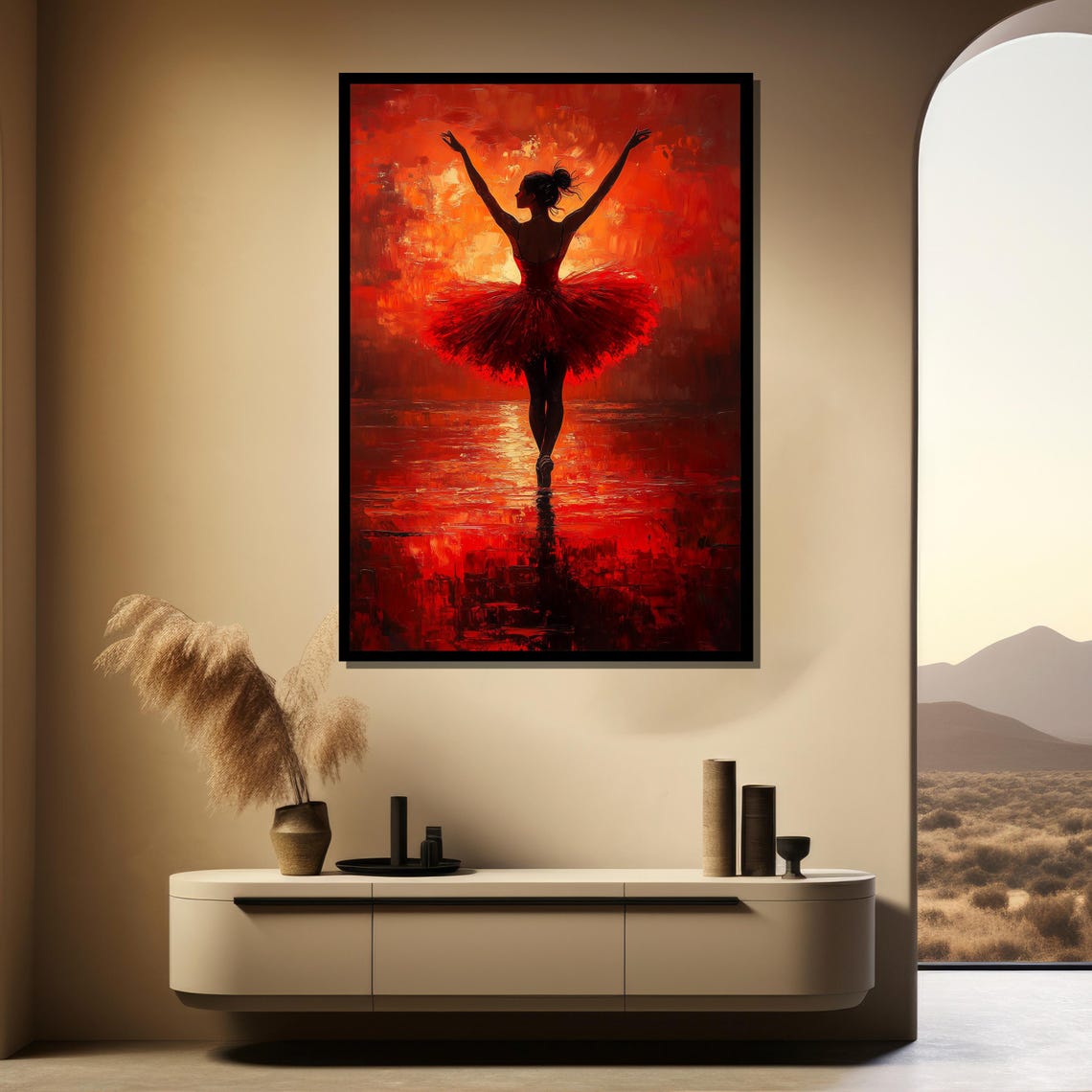 Fiery Ballerina Silhouette in Red Tutu at Sunset Over Water Poster - Image 4