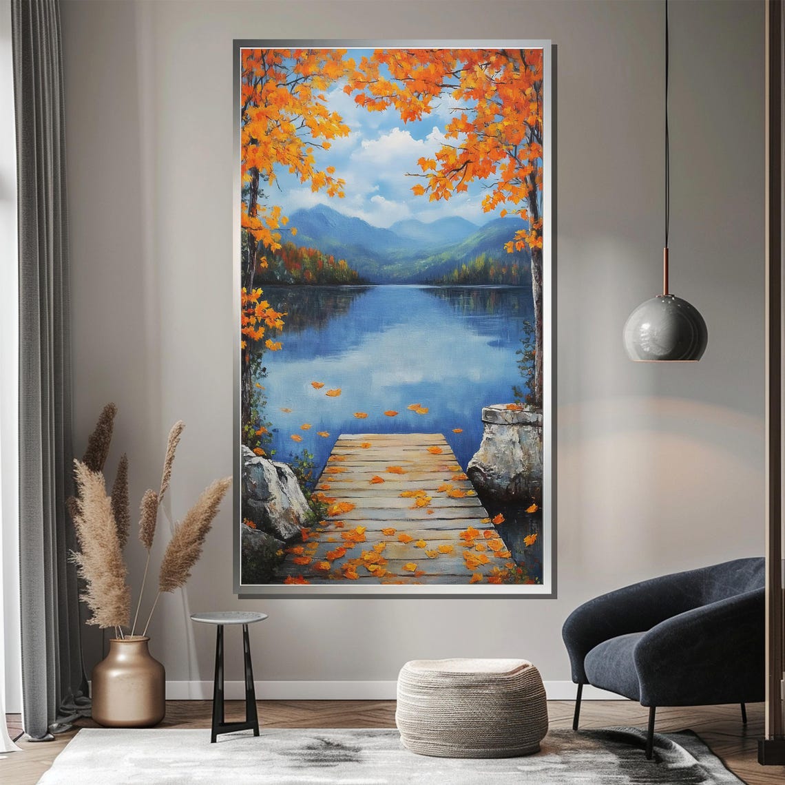 Autumn Lake With Wooden Dock Falling Maple Leaves Nature Poster - Image 3