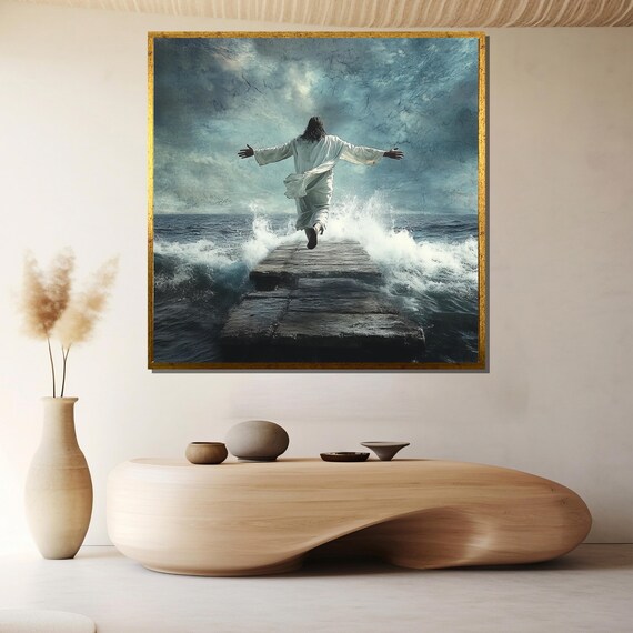 Jesus Walking on Water Teal Storm Arms Outstretched Sea Poster