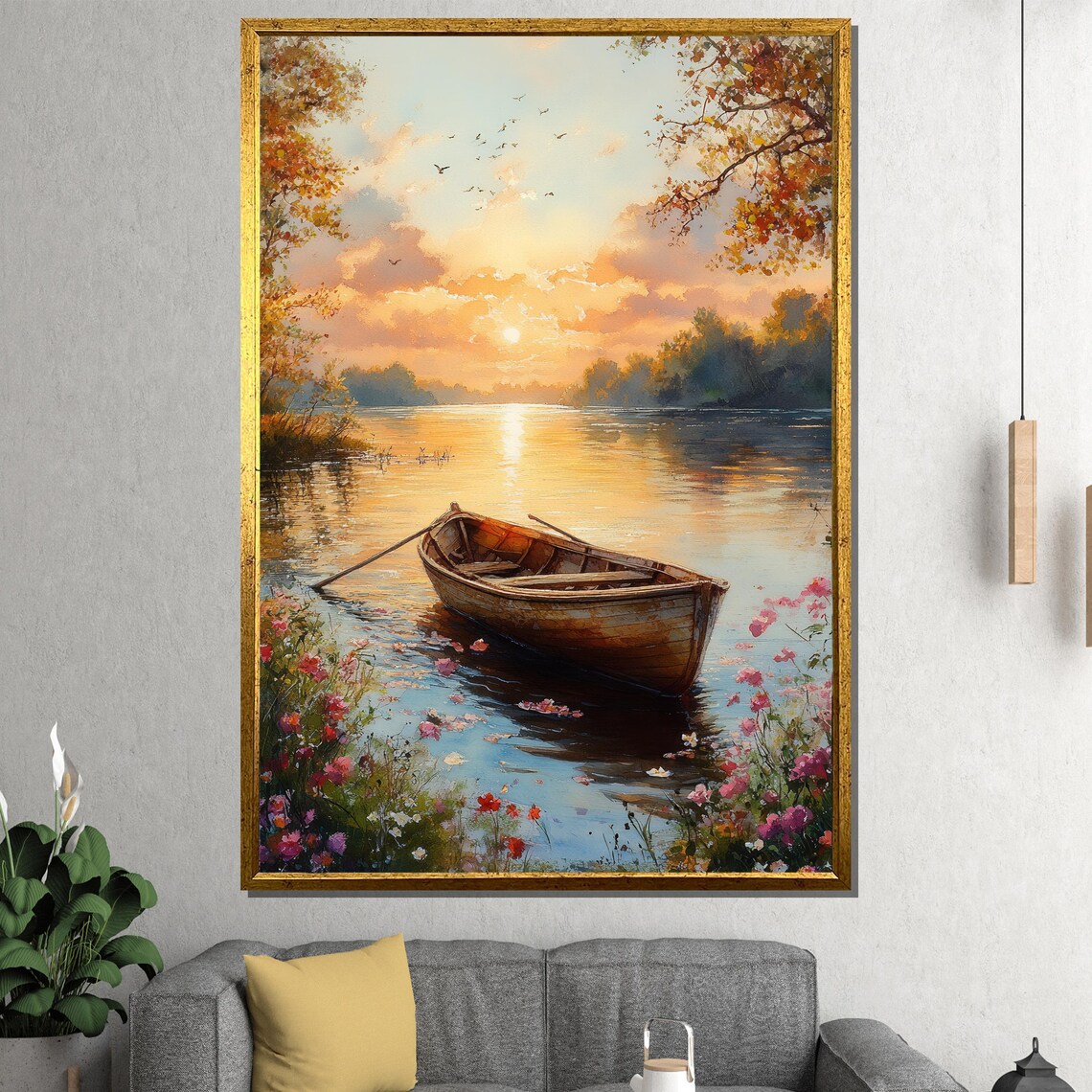 Weathered Wooden Boat Sunset River Floral Banks Scenic Poster