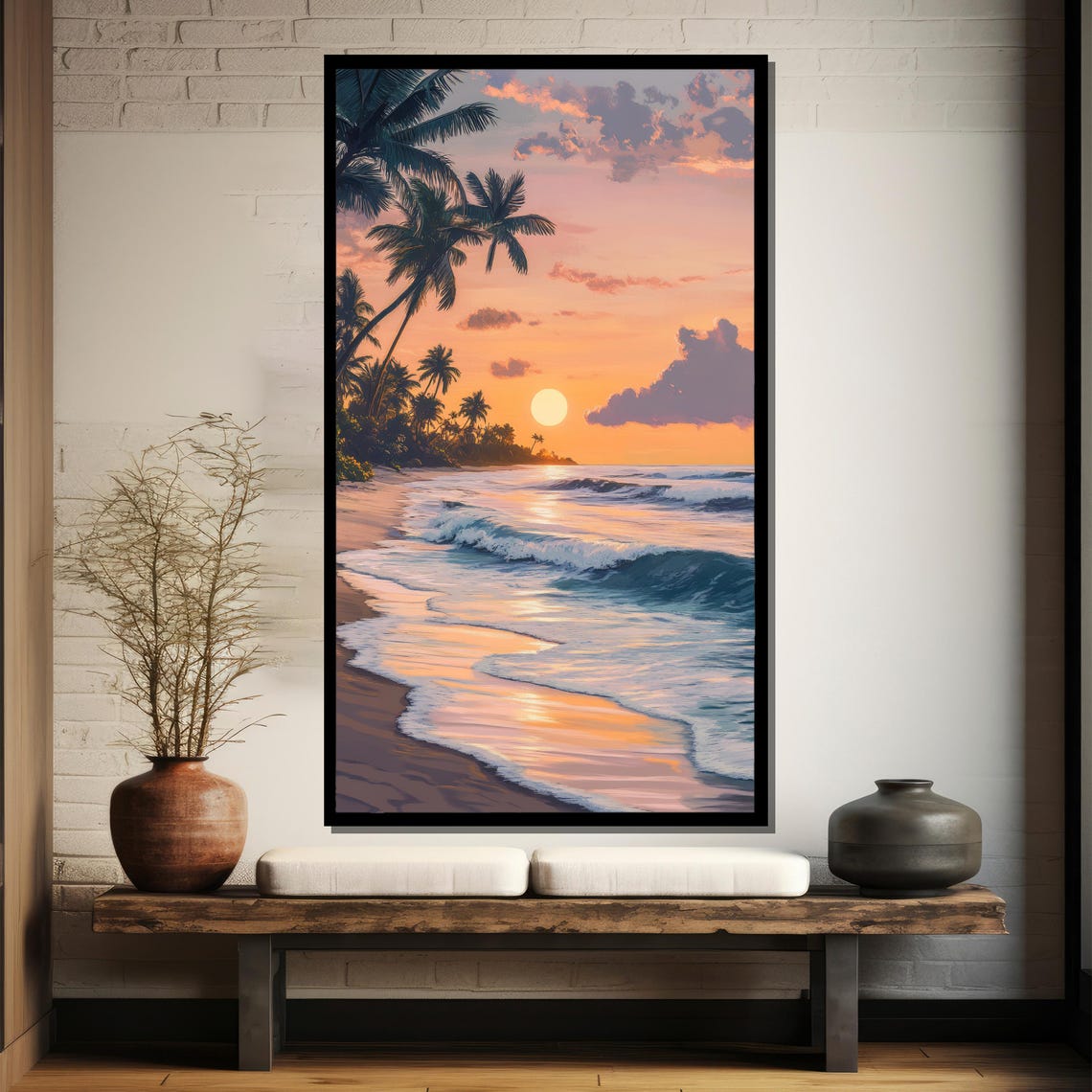 Serene Tropical Sunset Beach With Palm Trees Ocean Waves Poster - Image 4