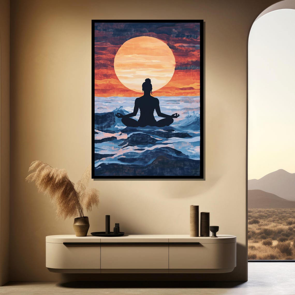 Sunset Meditation Silhouette Orange Sun Ocean Waves Wall Poster - Image 4