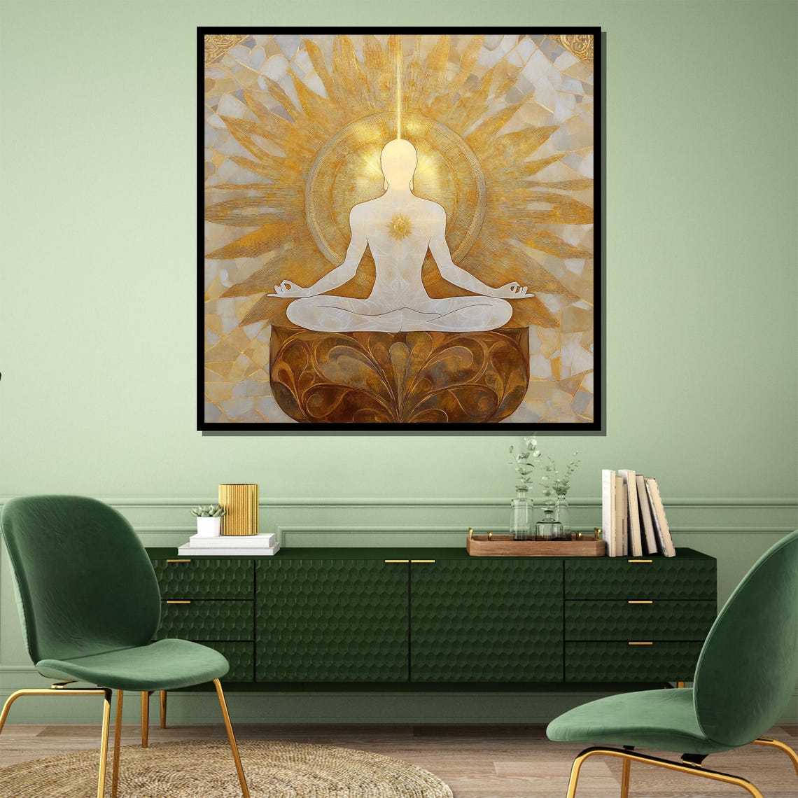 White Meditator Silhouette in a Golden Sunburst Mosaic Poster - Image 4