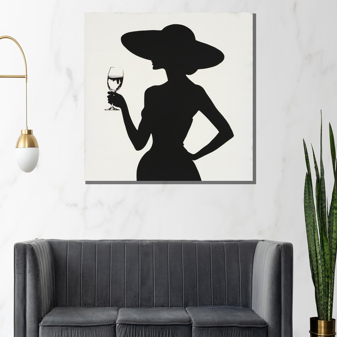 Minimalist Black White Woman Silhouette With Hat And Wine Poster - Image 2