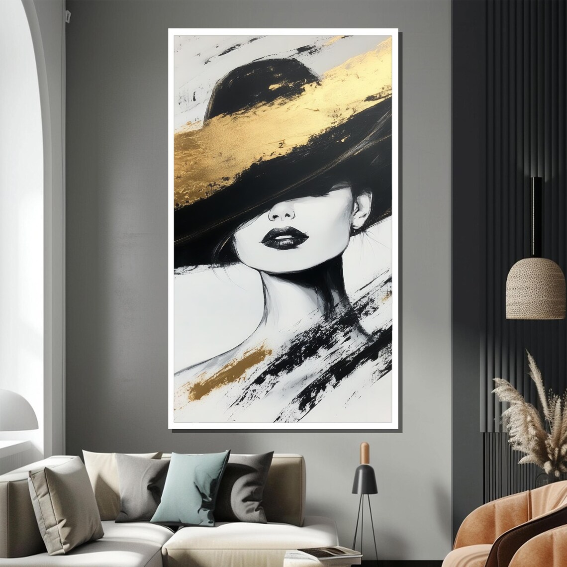 Abstract Woman Portrait In Black White And Gold With Hat Poster - Image 3