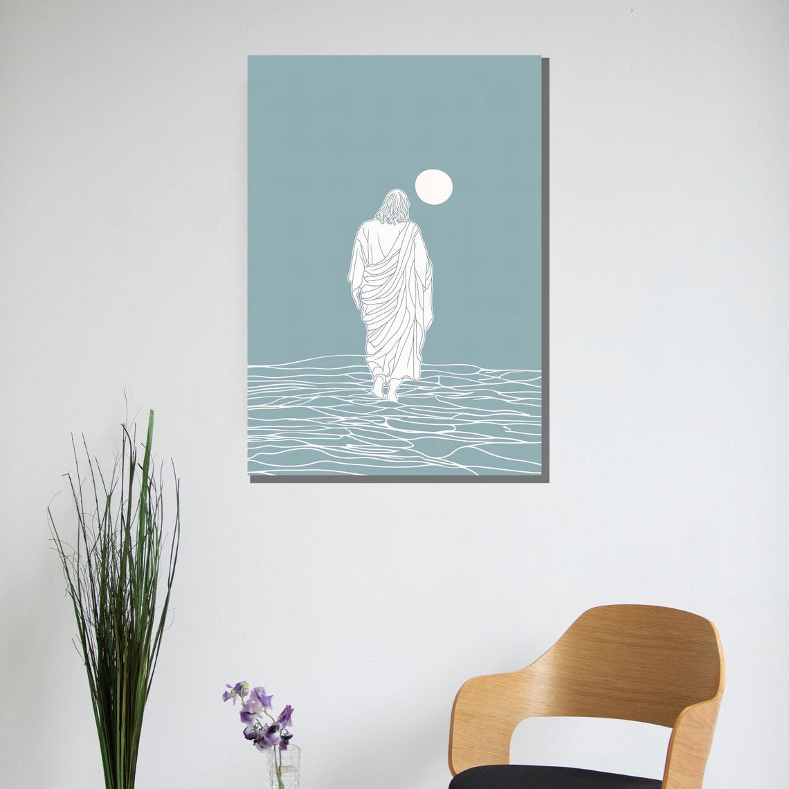 Minimalist Line Art Jesus Walking on Water Sage Green Poster - Image 3