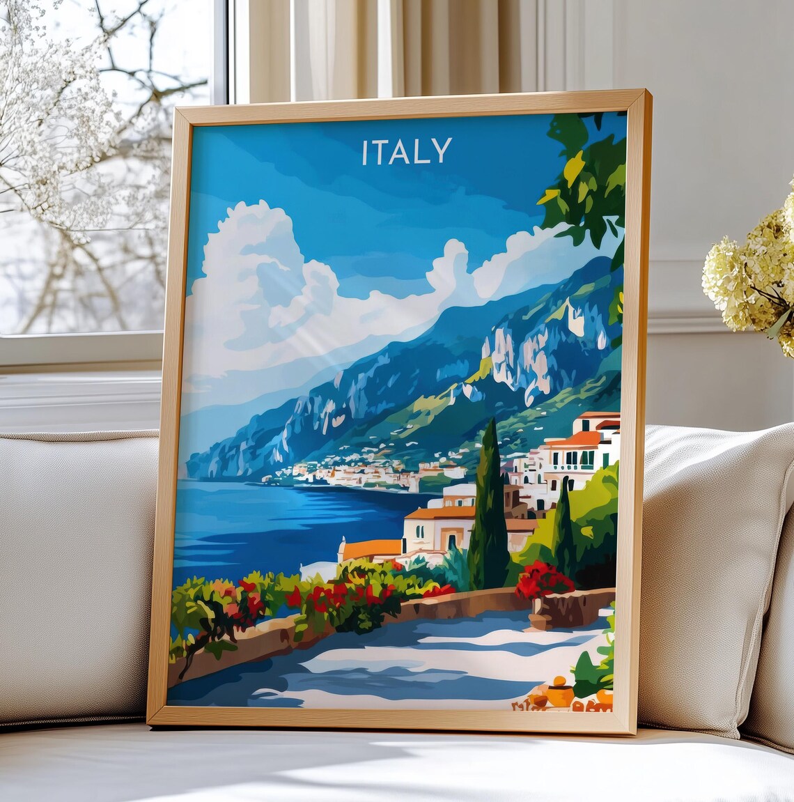 Italy Amalfi Coast Cliffside Village Seaside Retro Travel Poster