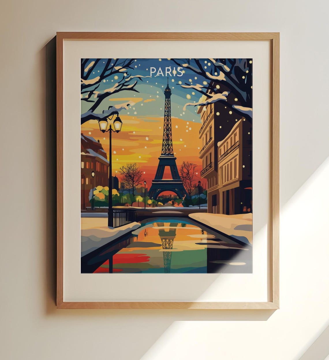 Paris Winter Snow Eiffel Tower Sunset Canal Retro Travel Poster
