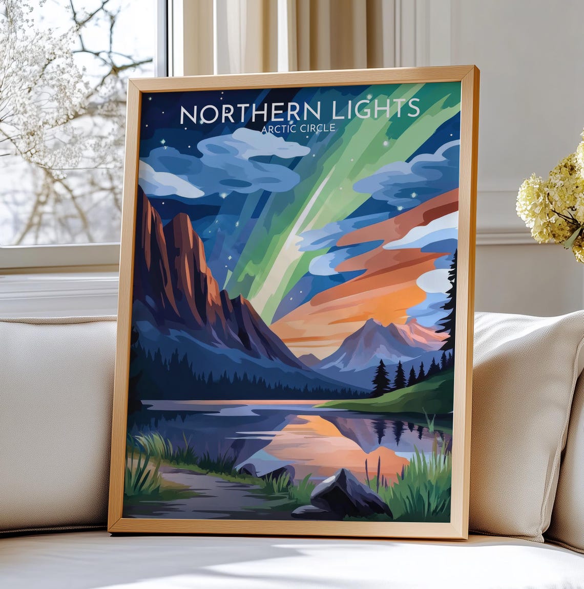 Northern Lights Arctic Circle Aurora Snowy Peaks Travel Poster