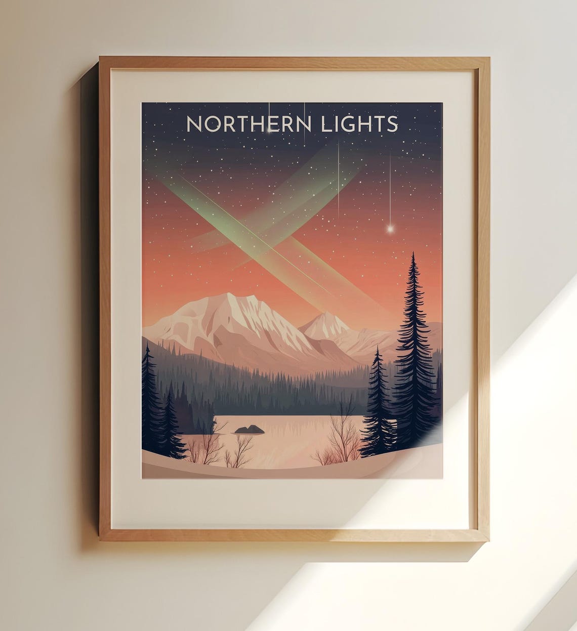Colorful Northern Lights Aurora Mountain Lake Night Sky Poster