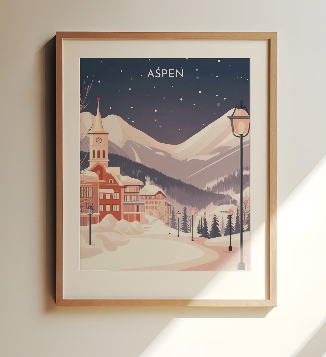 Aspen Colorado Winter Night Poster Snowy Village And Mountain Peaks