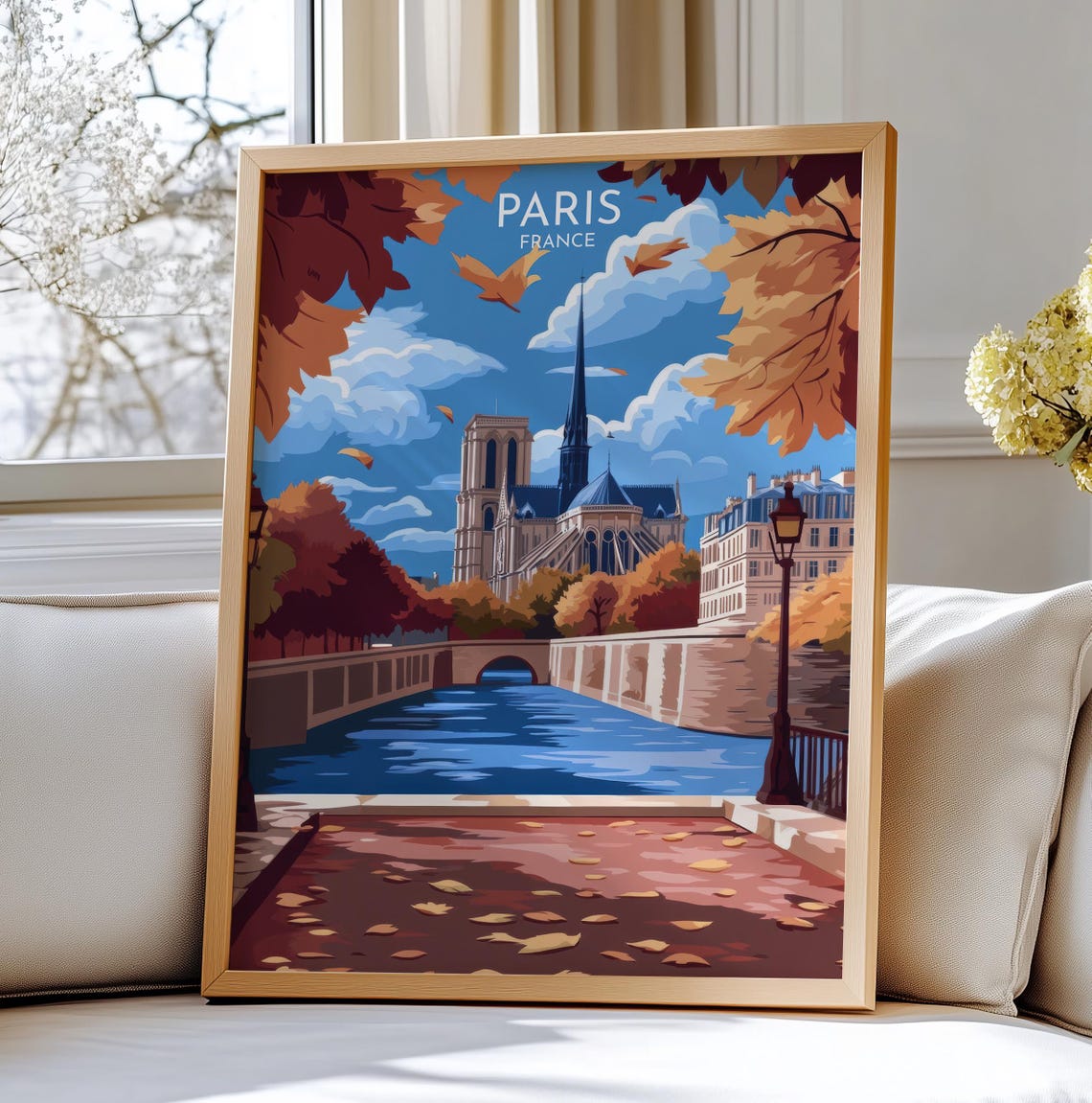 Paris France Travel Art Poster Notredame Cathedral In Autumn