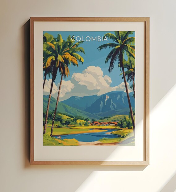 Colombia Vintage Travel Poster Palm Trees Andes Valley River Village Scene