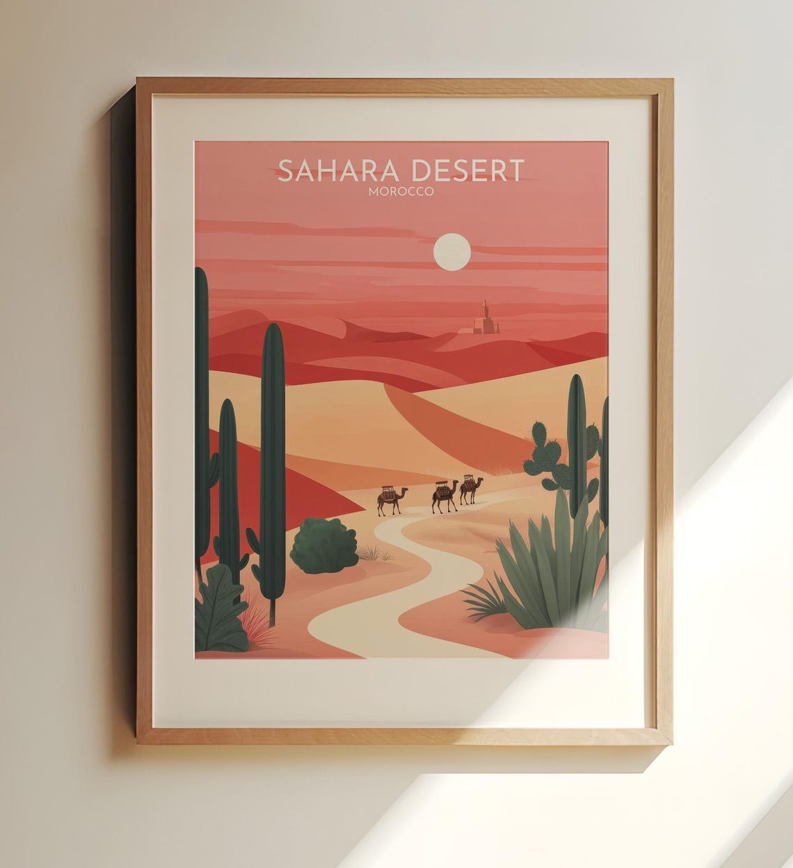 Sahara Desert Morocco Camel Caravan Sunset Dunes Travel Poster