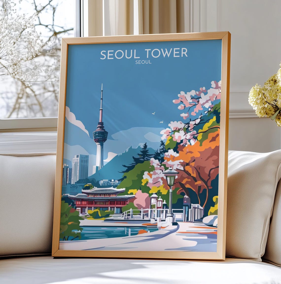 Seoul Tower Korea Cherry Blossoms City Vintage Travel Art Poster
