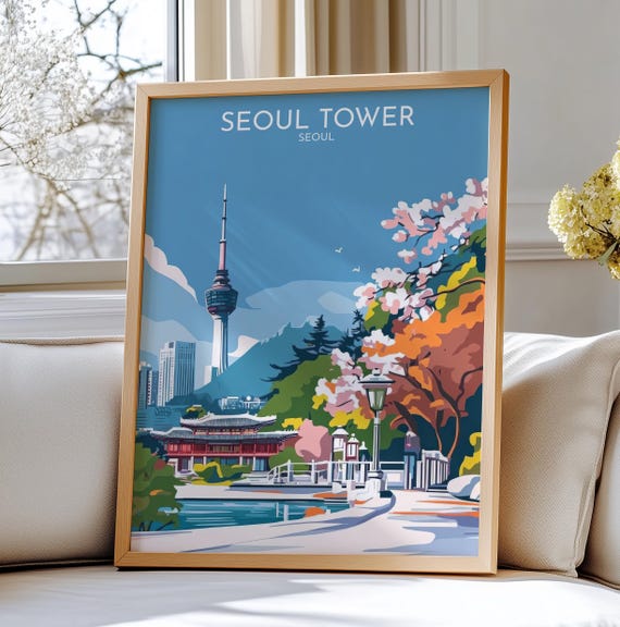 Seoul Tower Travel Poster Art Illustration With Namsan Park Scenery