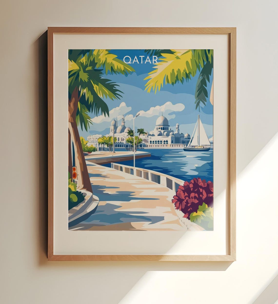 Qatar Waterfront Mosque Retro Travel Poster Sailboat Palm Art