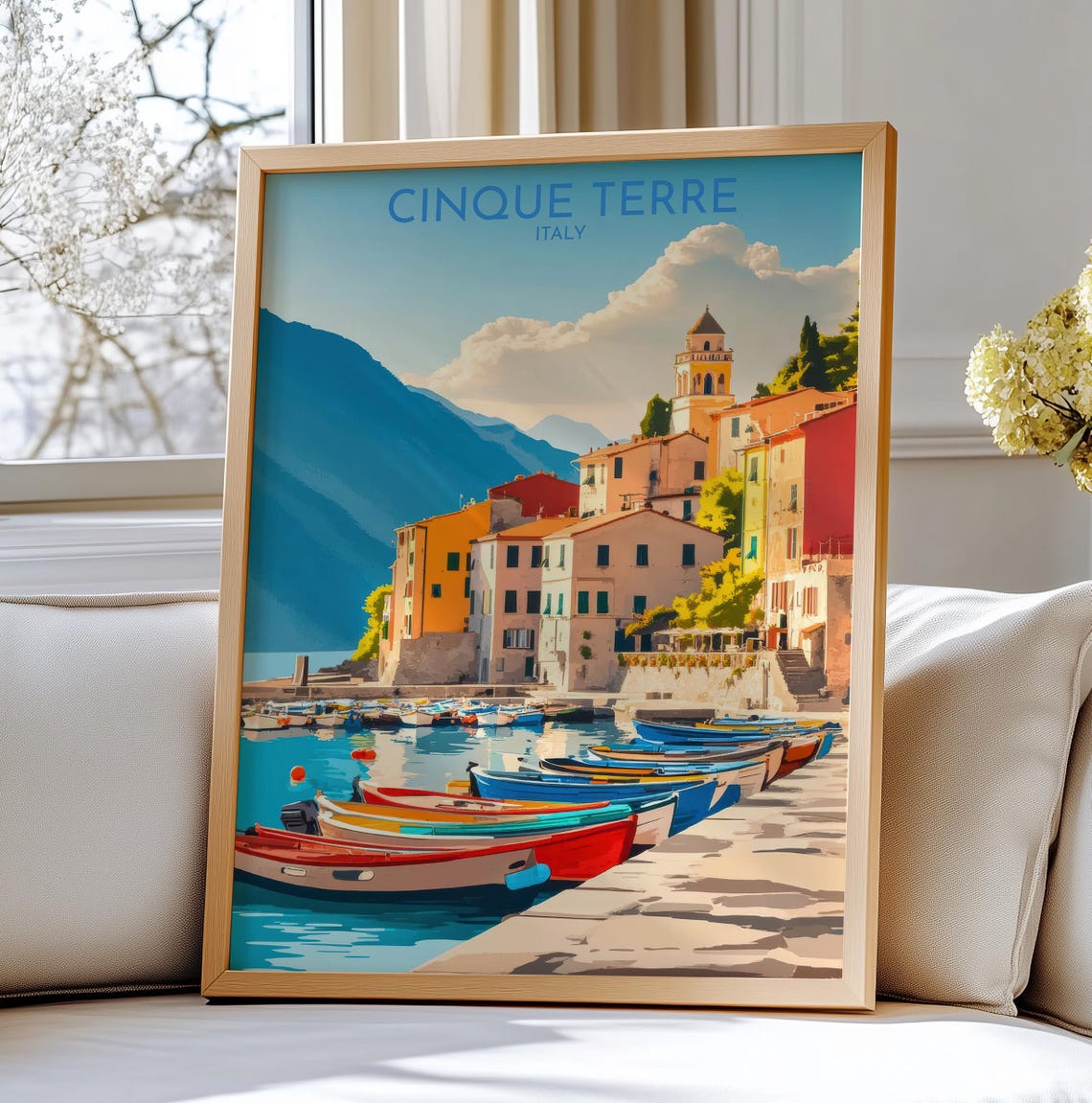 Cinque Terre Italy Harbor Colorful Boats Waterfront Village Poster