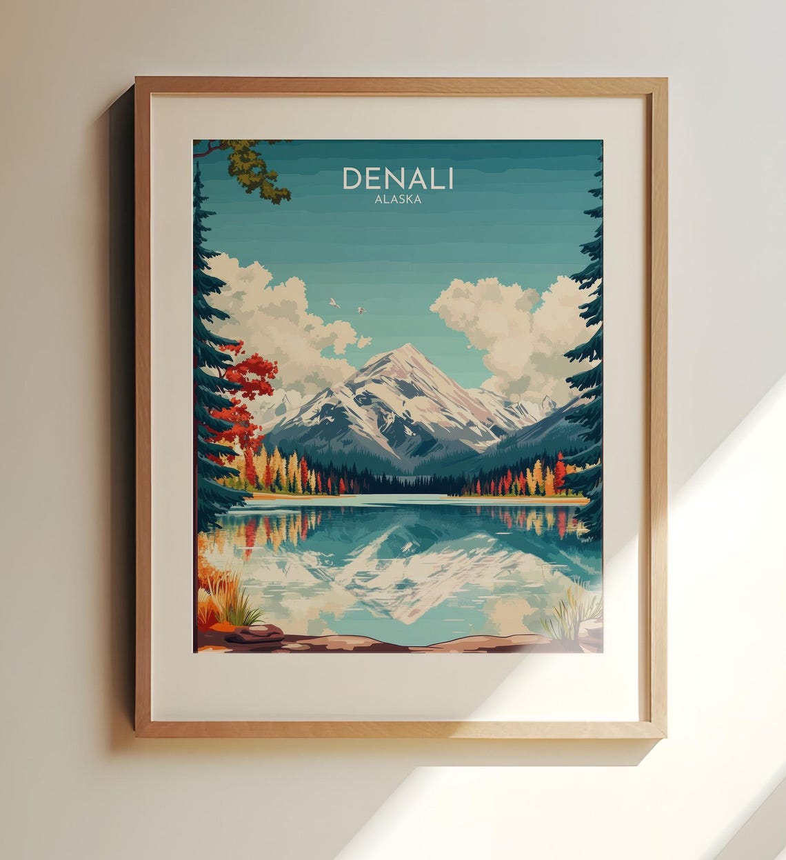 Denali Alaska Snow Peak Lake Reflection Autumn Forest Poster
