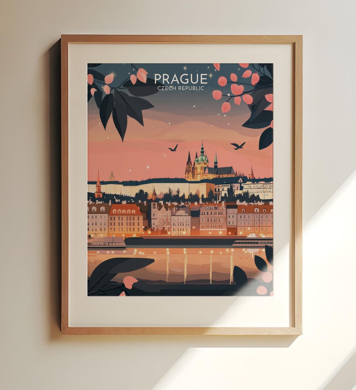 Prague Czech Republic Castle Dusk Riverfront Vintage Travel Poster