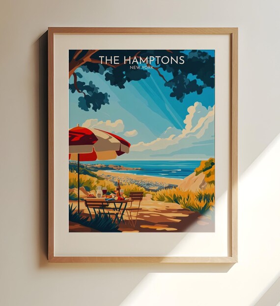The Hamptons New York Beach Umbrella Ocean View Travel Poster