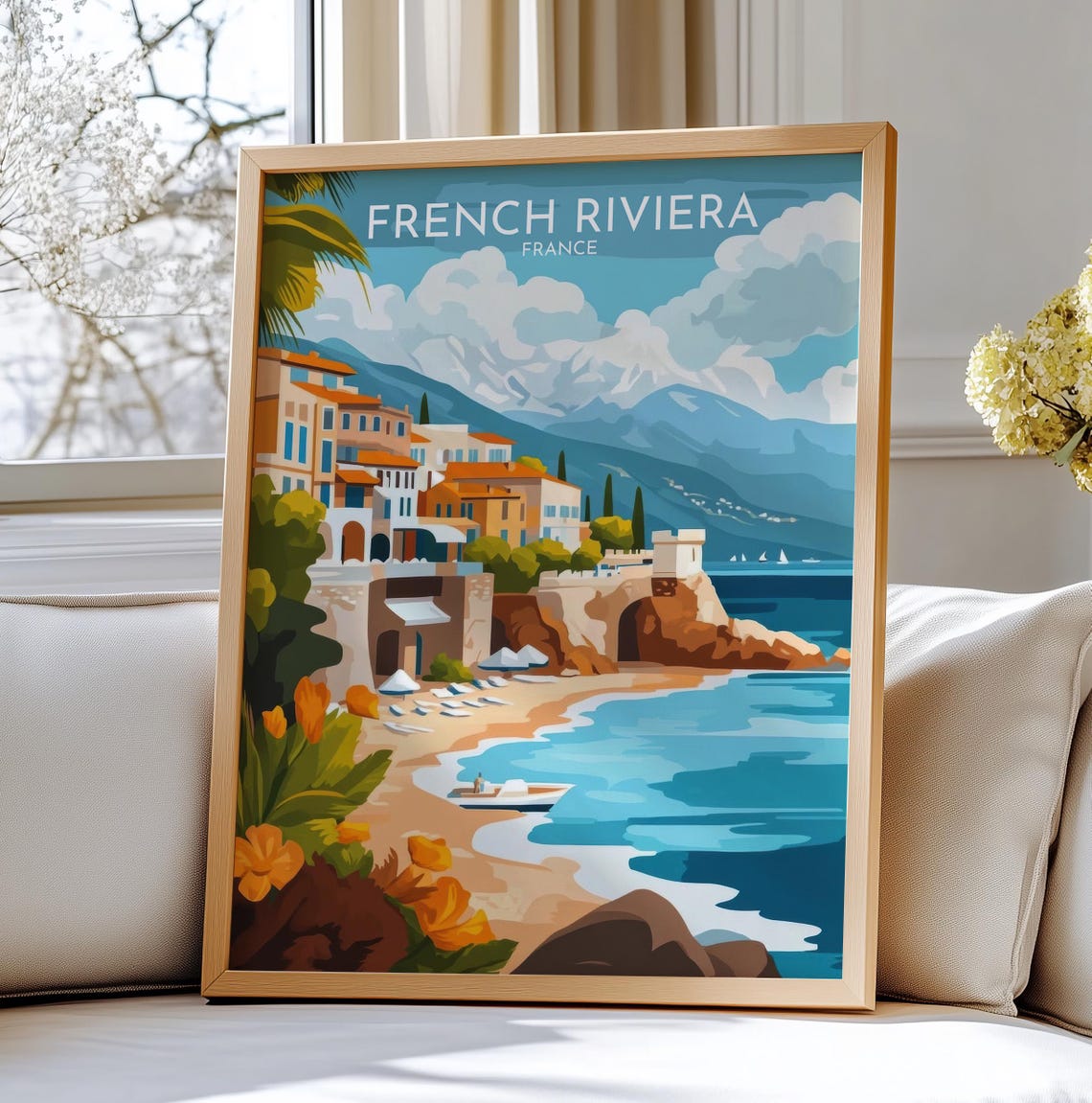 French Riviera Coastal Town Beach Cliffs Vintage Travel Poster