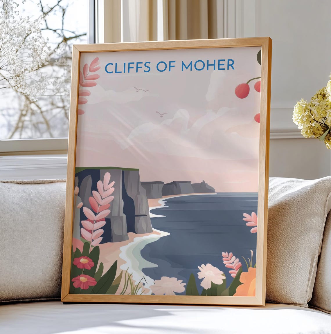 Cliffs of Moher Ireland Pastel Floral Travel Poster Coastal Wall Decor