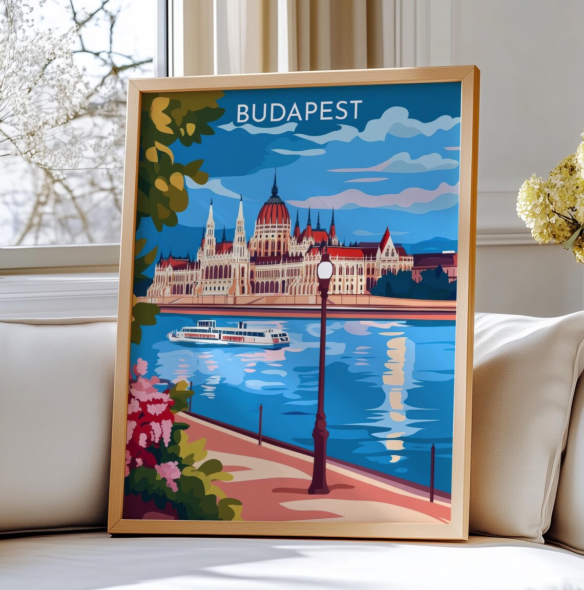 Budapest Hungary Parliament Building Danube Vintage Travel Art Poster