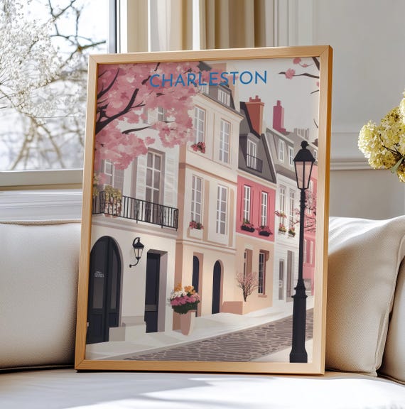 Charleston Usa Travel Poster Art Historic Street Illustration