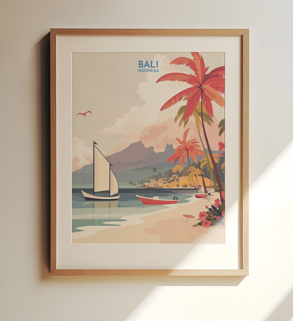 Bali Indonesia Vintage Travel Beach Sailboat Tropical Art Poster