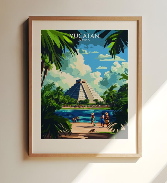 Ancient Yucatan Mexico Chichen Itza Pyramid Beach Travel Poster
