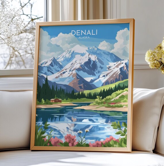 Denali Alaska Snow Capped Peak Lake Reflection Mountain Travel Poster