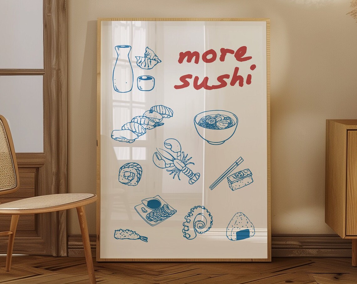 More Sushi Red Text Blue Japanese Food Line Art Kitchen Wall Poster