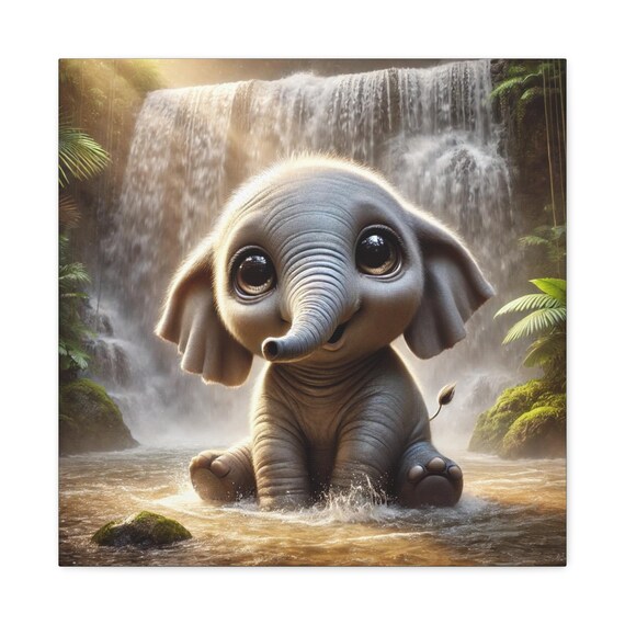 Cute Baby Elephant Waterfall Jungle Stream Kids Animal Poster