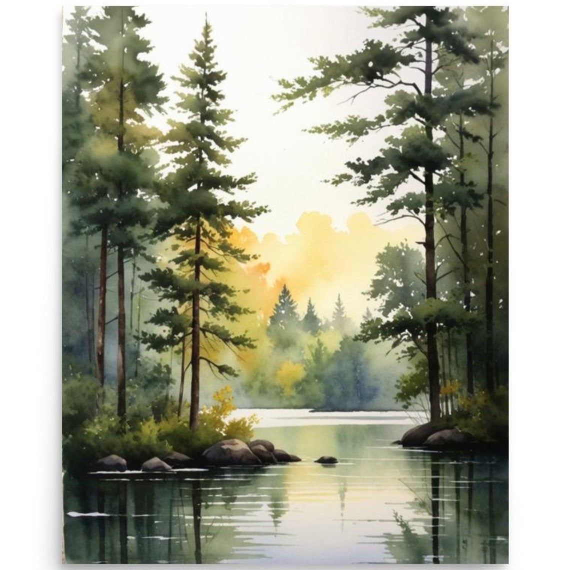 Soft Misty Pine Forest Lake Watercolor Morning Light Scene Poster