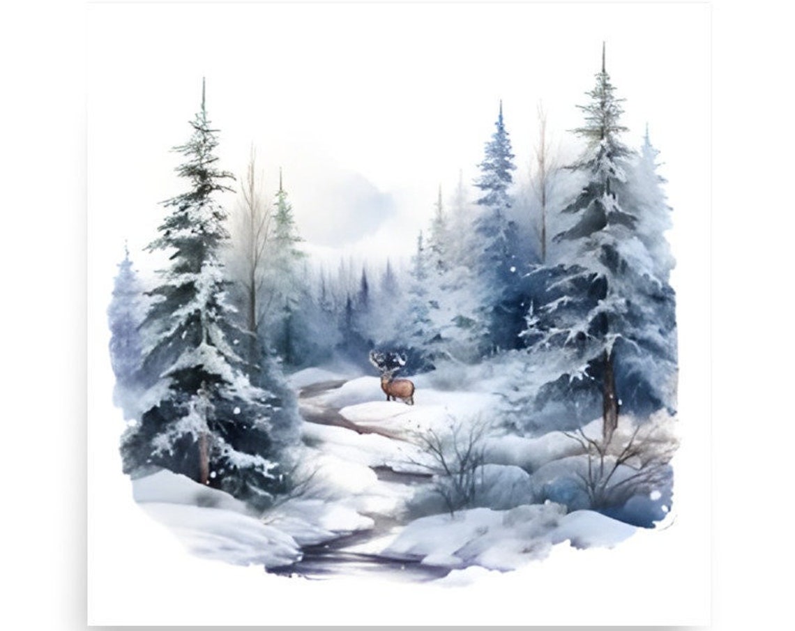 Deer Standing In Snowy Pine Forest By Icy Stream Watercolor Art Poster - Image 4