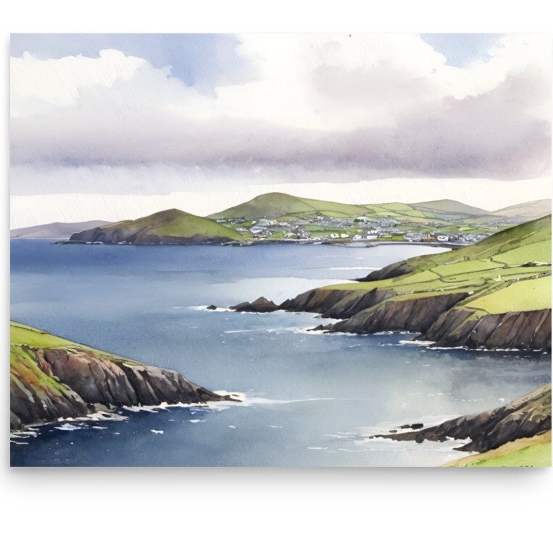Dingle Peninsula Watercolor Painting Irish Coastal Art Print Ireland Landscape Wall Art Green Hills Art Seascape Beach Print Farmland Art
